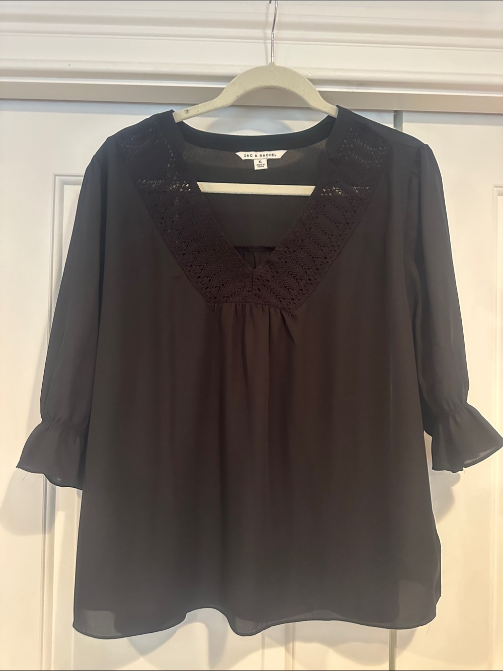 rag & bone Black Crochet V-Neck Blouse with Ruffle Cuffs